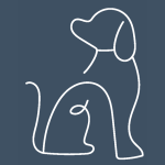 A white line drawing of a pet dog sitting, depicted against a dark blue background.